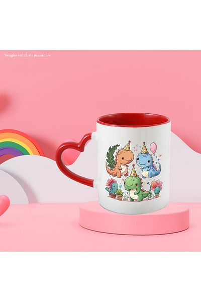 StoryGift Romania Mug with baby dinosaur at a party, fairy tale, illustration, hearts, celebration, , With ,STG .