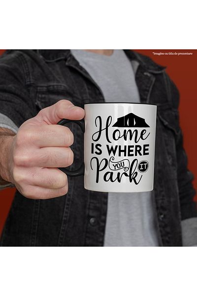 StoryGift Romania Mug for those who travel with a campervan behind them with a message in English with Handle N, Cu, STG.