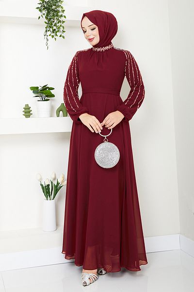 ModaMerve Sleeves Embroidered Evening Dress 6089Lpn909-M Light Burgundy