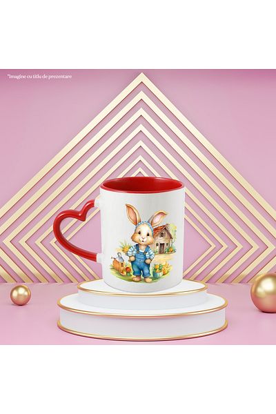 StoryGift Romania Mug with a cheerful bunny | illustration | house in the back | nature | grass | green, With ,STG