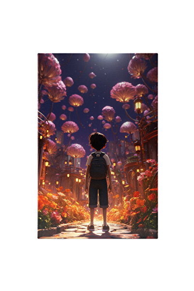 StoryGift Romania Tablou Canvas: Baietel Dragut Privind La Jungla Anime Colorata Cu Lumini Si Flori, Cu Ghiozdan