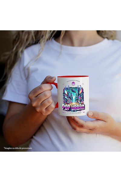 StoryGift Romania Urban Citypop Mug Future City with Spaceships, 330ml, Ceramic with Red Handle, With ,STG