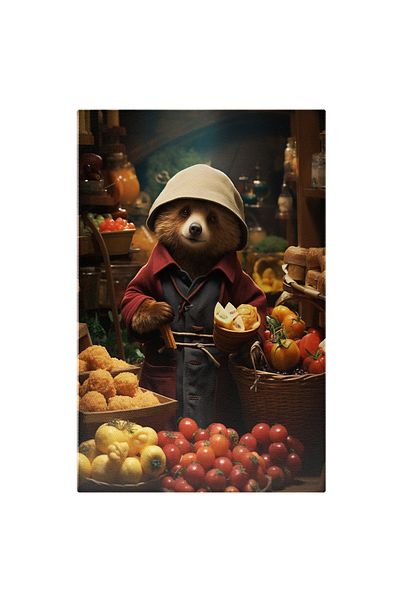 StoryGift Romania Tablou Canvas: Femelă Urs Animată În Piață Cu Alimente- Fotografie Animată Și Alimente Pictura