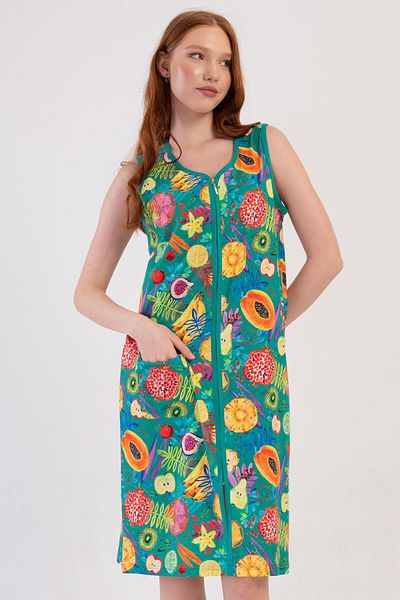 VİENETTA Women's Wide Strap Zippered Green Home Dress C0T4N2O904