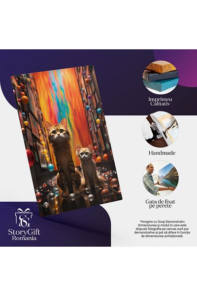 StoryGift Romania Tablou Canvas: Mama Pisica Si Pisoiul Ei Cu Ochii Verzi In Camera Colorata Cu Multe Mingi Si P