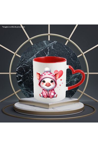 StoryGift Romania Mug with a piglet in a hoodie, illustration, hearts, affection, blushing, Wave, With, STG