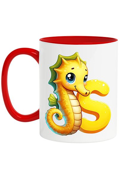 StoryGift Romania Mug with a seahorse with the letter "S", illustration, for children, school, student, , With