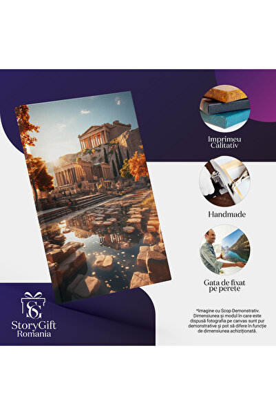 StoryGift Romania Tablou Canvas: View Soare Stralucitor Drum Cu Pavele Cladire Stil Ateneu Pictura Digitala
