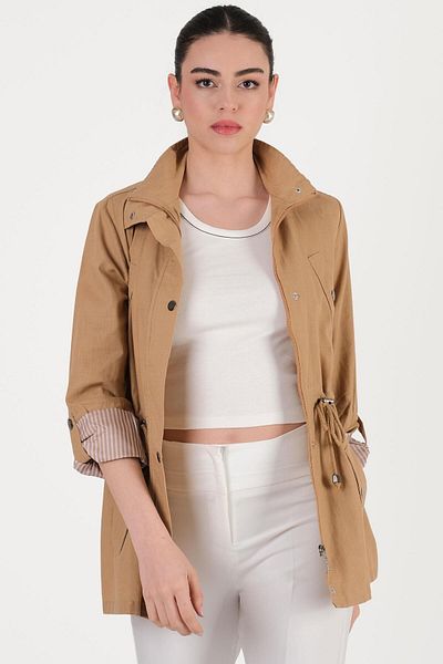 Spazio Oriente Stand Collar Zipper Snap Coat Camel