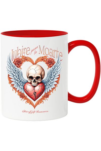 StoryGift Romania Mug Skull with wings broken heart love until death, 330ml, Ceramic with Ro Handle, With