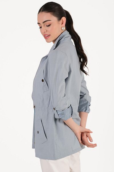 Spazio Oriente Stand Collar Zippered Snap Coat Light Blue
