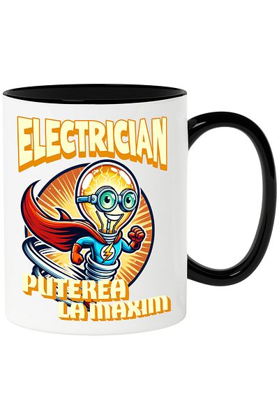 StoryGift Romania Electrician Superhero Light Bulb Mug_ Power to the max, 330ml, Ceramic with Black Handle, With