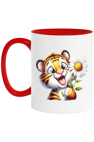 StoryGift Romania Mug with a playful tiger cub, illustration, holding a white flower, curious, animal, With