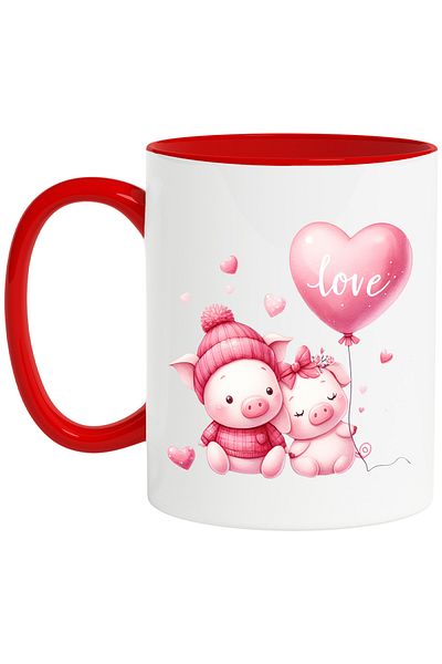 StoryGift Romania Mug with 2 piglets, illustration, heart-shaped balloon, love, hat, bow, With, STG