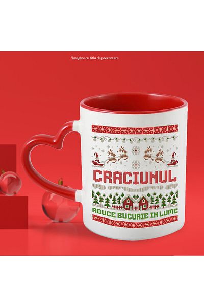 StoryGift Romania Christmas Mug Brings Joy to the World, 330ml, Ceramic with Red Heart Handle, With Handle, STG