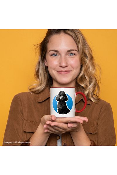 StoryGift Romania Cana Cu Portret Caine Fundal Albastru, Rasa Pudel, Catel, Pufos, Blana Neagra, I, Cu ,stg