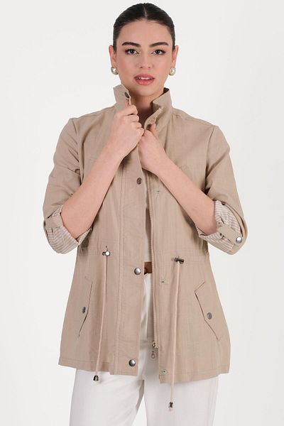 Spazio Oriente stand collar zipper snap coat beige