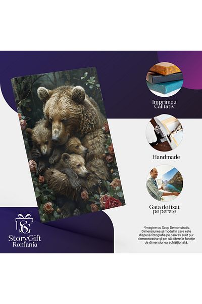 StoryGift Romania Tablou Canvas Dragostea Necondiționată A Ursului Mamă Față De Puii Ei Strânși În Brațe , Pictur