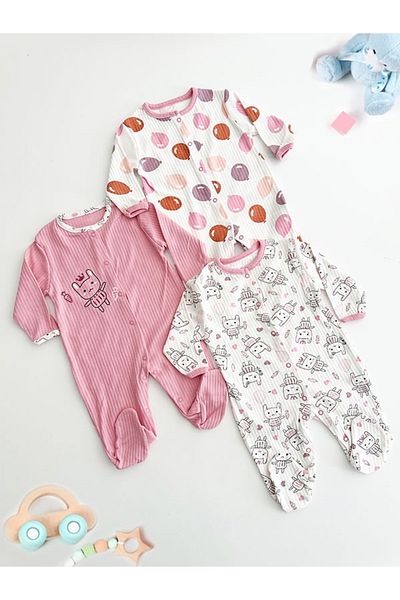 DEFNE LİNA BABY Baby Girl Printed Cotton Booties 3-Piece Jumpsuit Set Colorful Patterned 3-6-9 Months Baby Outfit