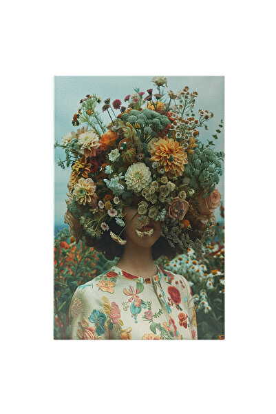 StoryGift Romania Tablou Canvas: Buchet De Flori Colorate Ce Acoperă Portretul De Femeie În Câmp De Flori- Natur