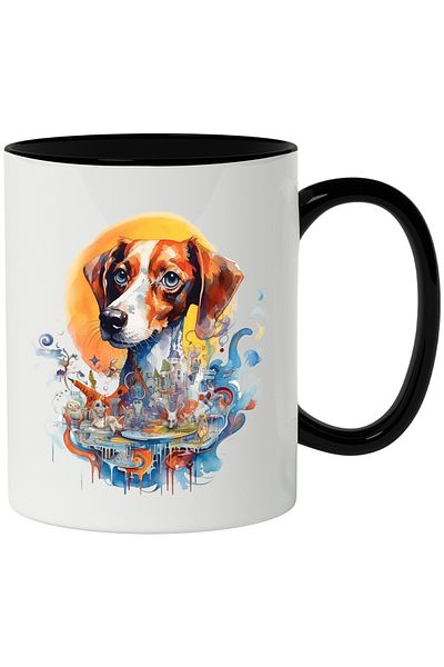 StoryGift Romania Mug With Dog, Abstract Art, City, Statues, Sun, Platform, Multicolor 330 ml, With