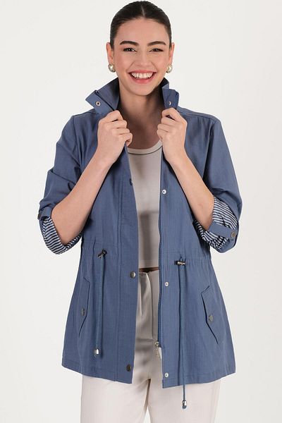 Spazio Oriente Stand Collar Zippered Snap Coat Indigo