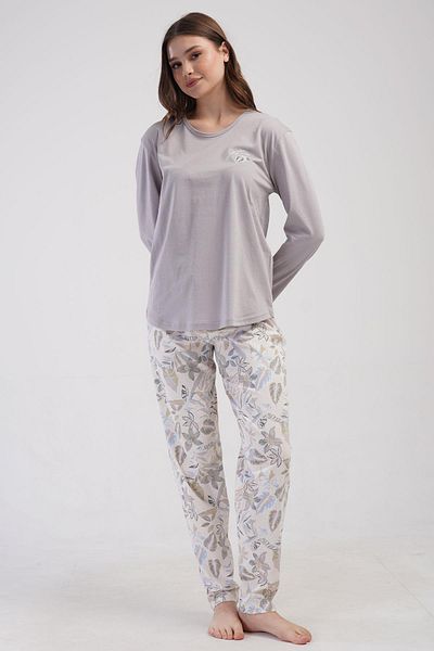 VİENETTA Women's Large Size Long Sleeve Gray Pajamas Set C6T1N0O014