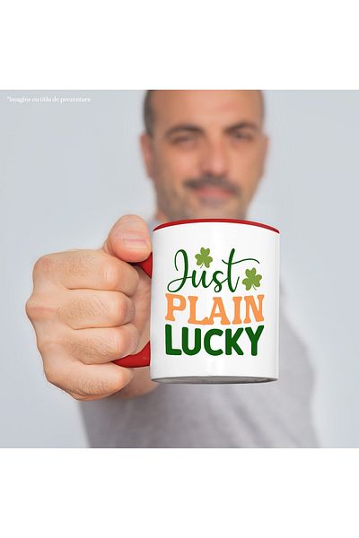 StoryGift Romania Mug with clover and the text "Just plain lucky" - simply lucky with Red Handle, With ,STG