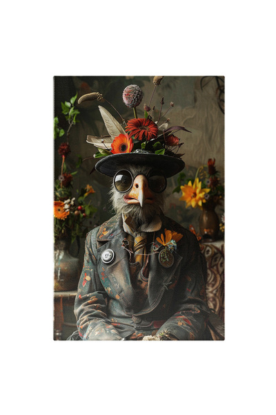 StoryGift Romania Tablou Canvas: O Cioara Cu Ochelari Si Palarie Cu Flori Pe Un Scaun - Decor Pictura Digitala