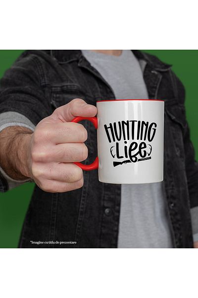 StoryGift Romania Mug with a rifle and the text "Hunting life" - hunter's life with Red Handle, With R Handle, STG.