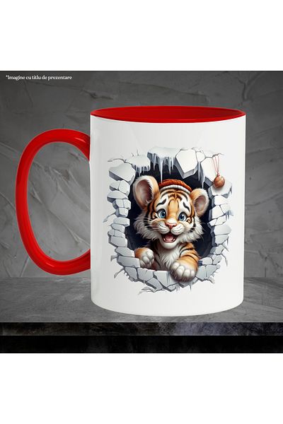 StoryGift Romania Mug with a cheerful tiger cub poking its head through a collapsed wall | illust, With ,STG