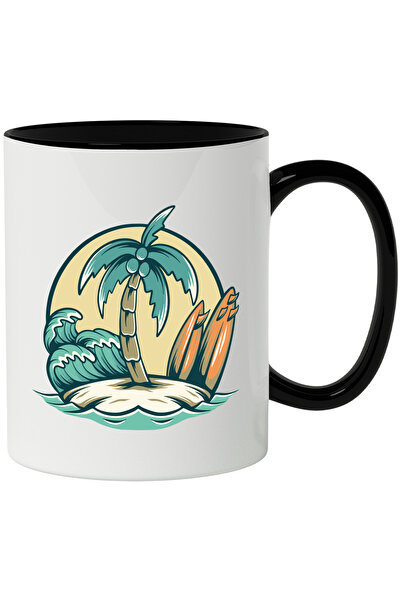 StoryGift Romania Cana Cu Insula: Plaja, Palmier, Valuri, Placa De Surf, Multicolor 330 ml Ceramic, Cu ,stg