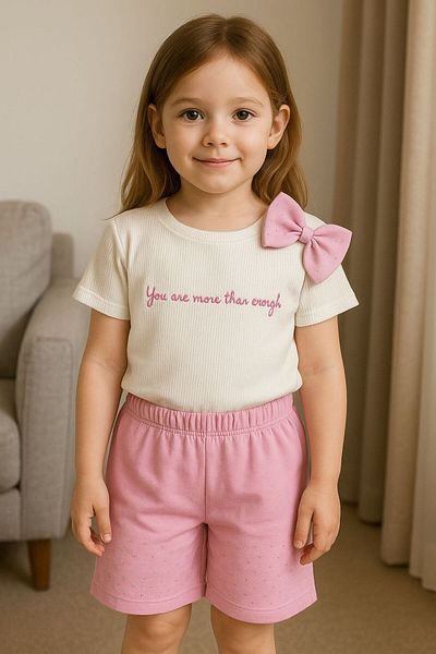 MİNYON BABY 100% Cotton Ribbon Detailed Girls Bottom and Top Shorts Set