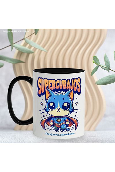 StoryGift Romania Super Brave Mug, Superhero, Flying Cat, 330ml, Ceramic with Black Handle, With Handle, STG