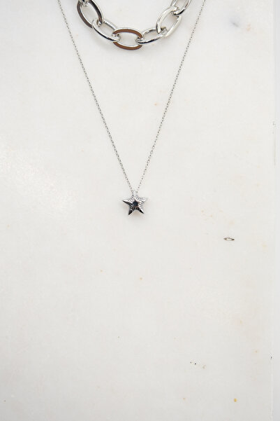 TAKIBOX Double Chain Model Silver Color Minimalist Star Necklace