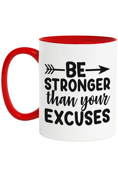 StoryGift Romania Mug with an arrow and the message "Be stronger than your excuses" with Red Handle, With