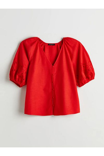 LC Waikiki Lcw Comfort V Neck Embroidered Balloon Sleeve Blouse