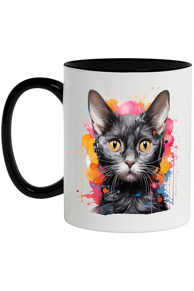 StoryGift Romania Cat Mug, Headphones, Paint, Watercolor, Pet, Multicolor 330 ml, With