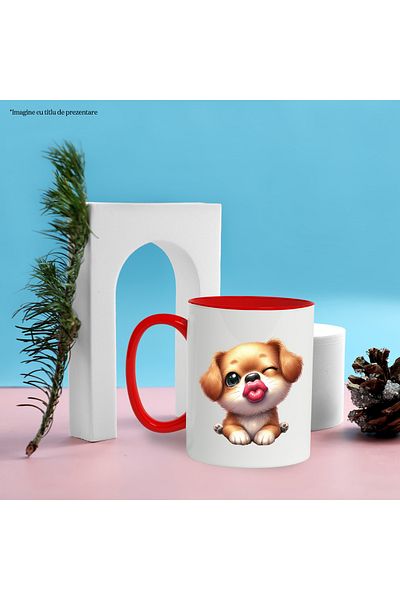 StoryGift Romania Mug with a puppy winking and giving a kiss, illustration, affection, for, With, STG