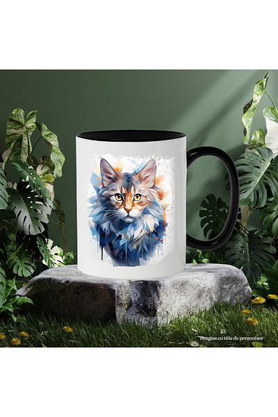 StoryGift Romania Cat Head Mug, Mosaic, Geometric, Illustration, Multicolor 330 ml, Ceramic, With ,STG.