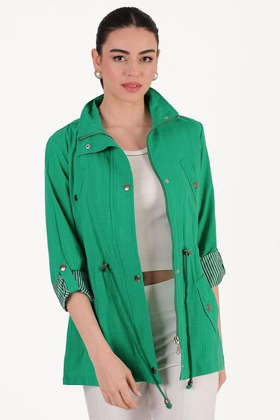 Spazio Stand Collar Zippered Snap Coat Green