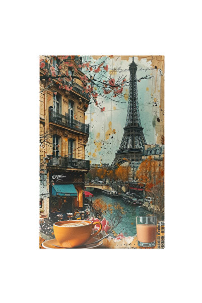 StoryGift Romania Tablou Canvas Cafeneaua Din Paris Vedere Cu Turnul Eifel Și Fluviul Sena Cu Vaporașe , Pictura