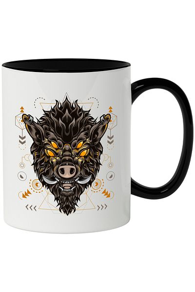 StoryGift Romania Mug With Wild Boar, Monster, Eyes, Geometric, Earrings, Fur, Multicolor 330 ml, With