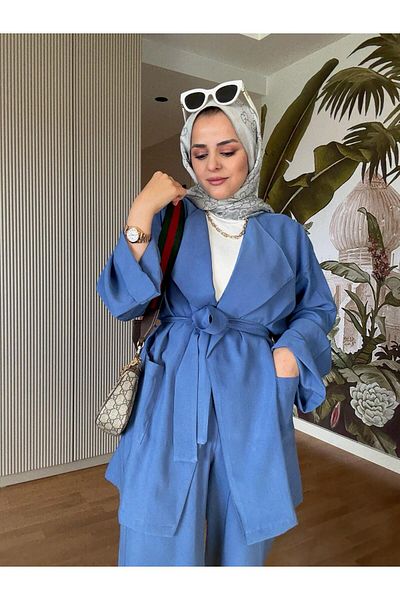 Aselim Hijap Moda Imported Woven Draped Jacket Belted Double Suit Blue