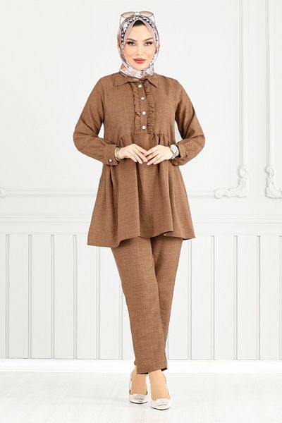 ModaMerve Ruffled Front Linen Suit 6093Tge913-M Brown