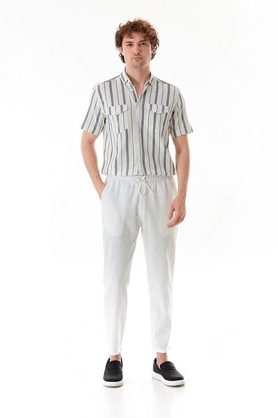 Fulla Moda Regular Fit Linen Trousers with Elastic Waist and Pockets