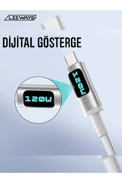 leeways Dijital Göstergeli 120w Süper Hızlı Örgülü Type C To Type C Şarj Kablosu 1.2 Metre