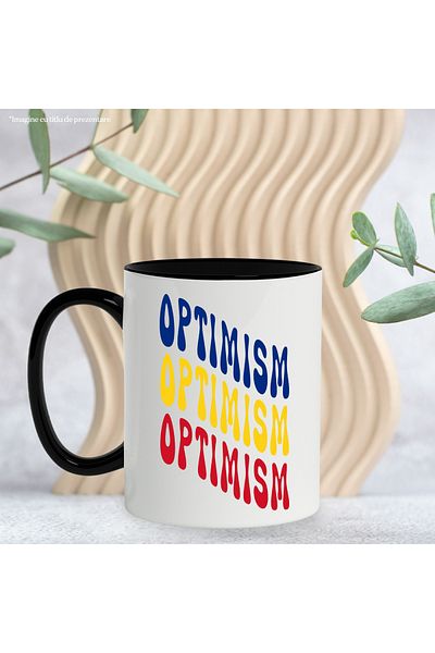 StoryGift Romania Mug with the word Optimism, in the colors of the Romanian flag, red, yellow, blue, with STG