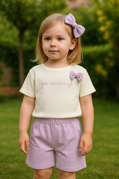 MİNYON BABY 100% Cotton Ribbon Detail Girl's Bottom Top Shorts Suit