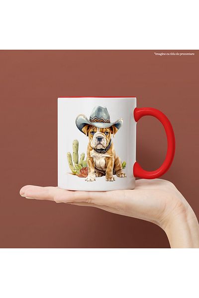 StoryGift Romania Mug with a puppy wearing a cowboy hat, illustration, Wild West, cactus, scratch, With ,STG.